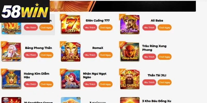 Các loại hình slot phổ biến tại 58win
